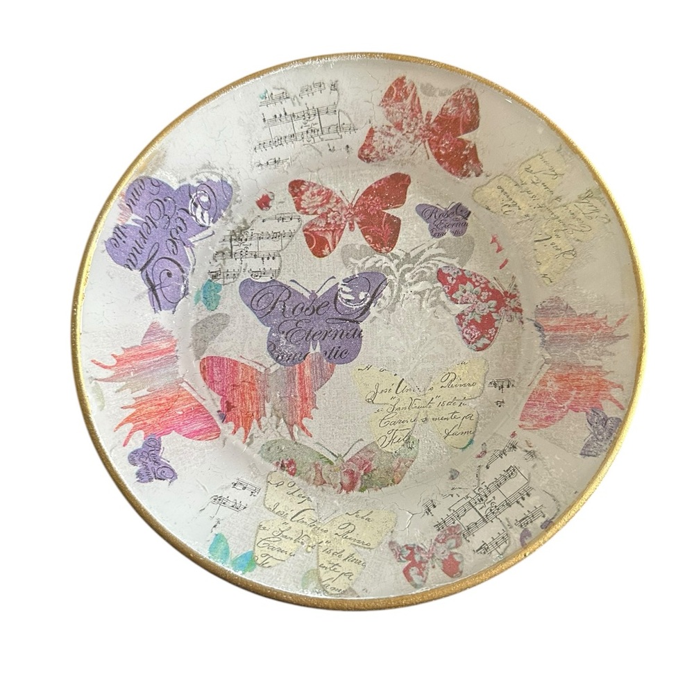 Handcrafted Colorful Butterfly Decorative Plate with Gold Rim